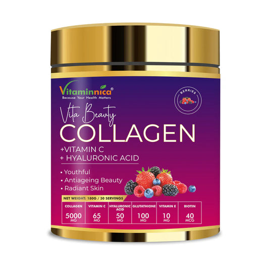 Vitaminnica Vita Beauty Collagen Powder (Type I & III) with Hyaluronic Acid, Glutathione, Vitamin C, Biotin & Vitamin E | For Glowing Skin & Anti-Aging