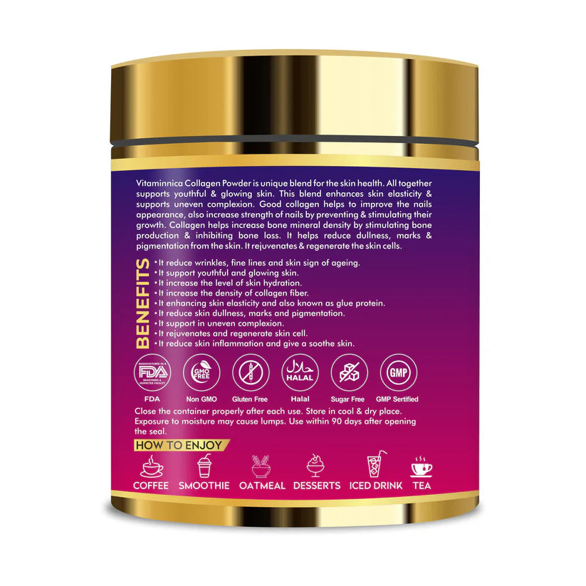 Vitaminnica Vita Beauty Collagen Powder (Type I & III) with Hyaluronic Acid, Glutathione, Vitamin C, Biotin & Vitamin E | For Glowing Skin & Anti-Aging