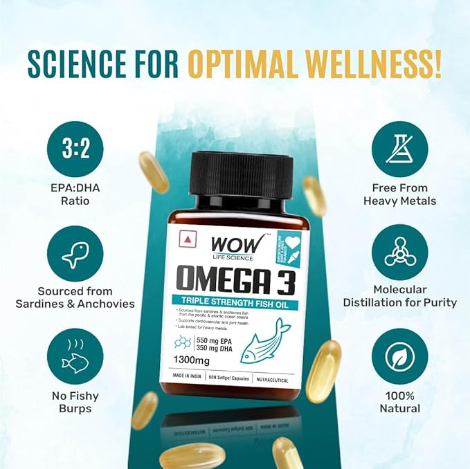 WOW Omega-3 Fish Oil 1300 mg Triple Strength 550mg EPA 350mg DHA