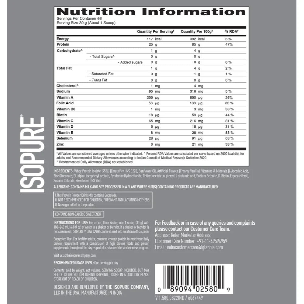 Isopure Whey Protein Isolate Powder - 2kg + Optimum Nutrition Micronised Creatine Powder - 250G